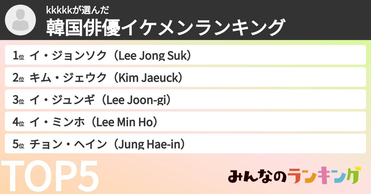 kkkkkさんの「韓国俳優イケメンランキング」