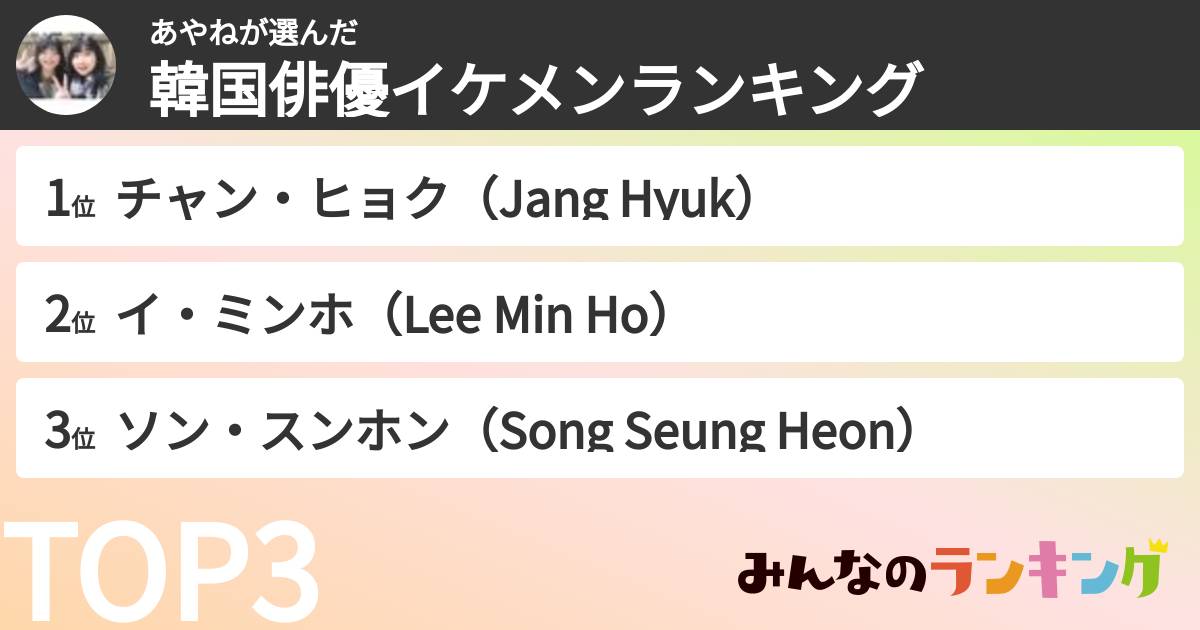 あやねさんの「韓国俳優イケメンランキング」