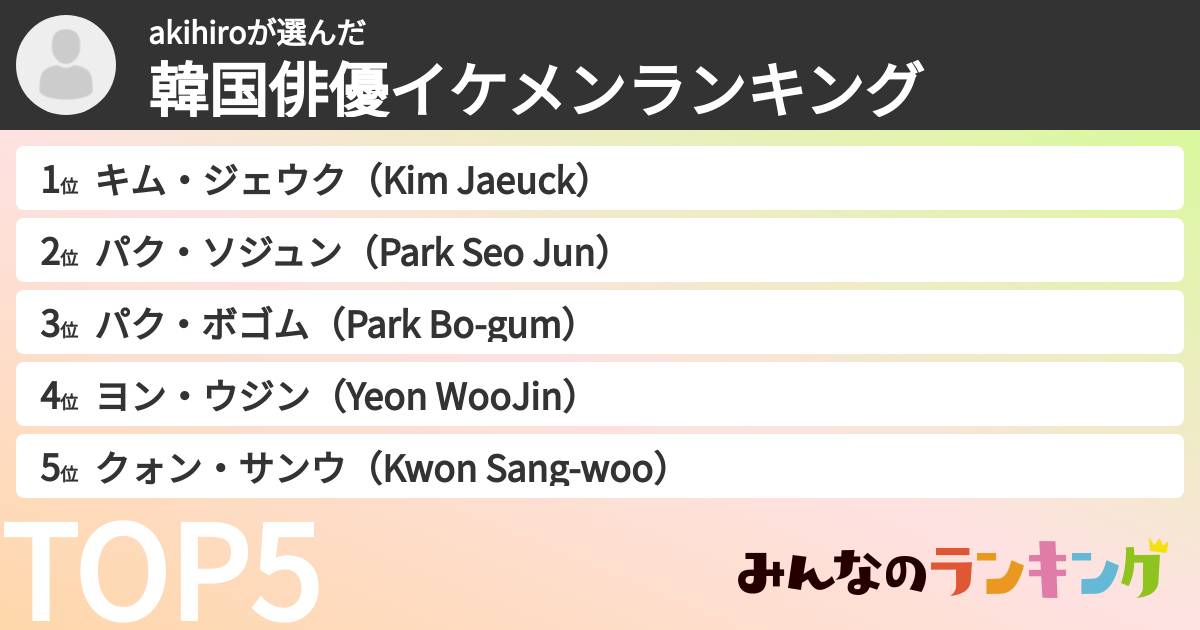 akihiroさんの「韓国俳優イケメンランキング」