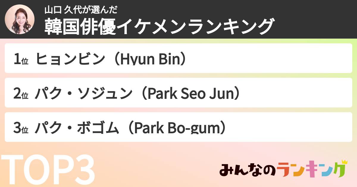 山口 久代さんの「韓国俳優イケメンランキング」