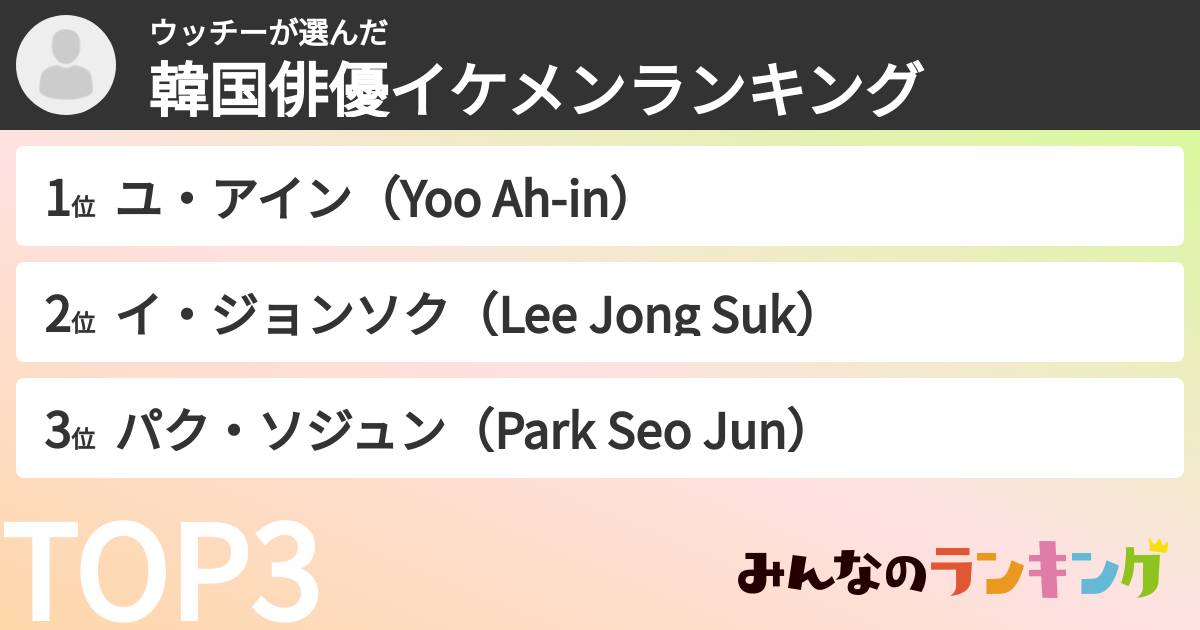 ウッチーさんの「韓国俳優イケメンランキング」