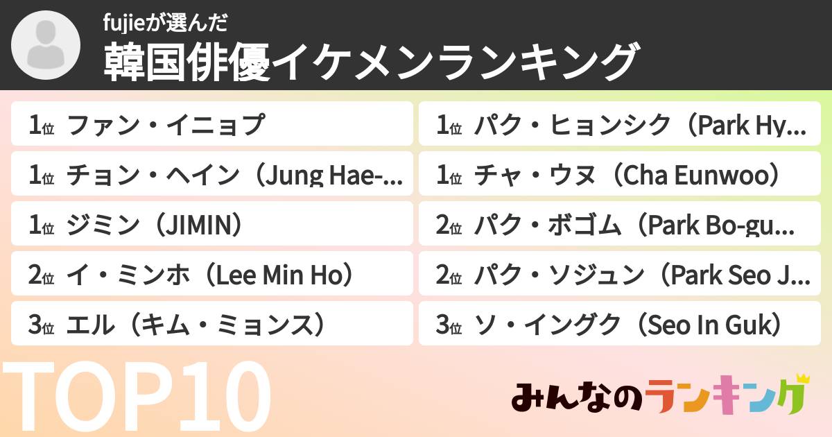 fujieさんの「韓国俳優イケメンランキング」
