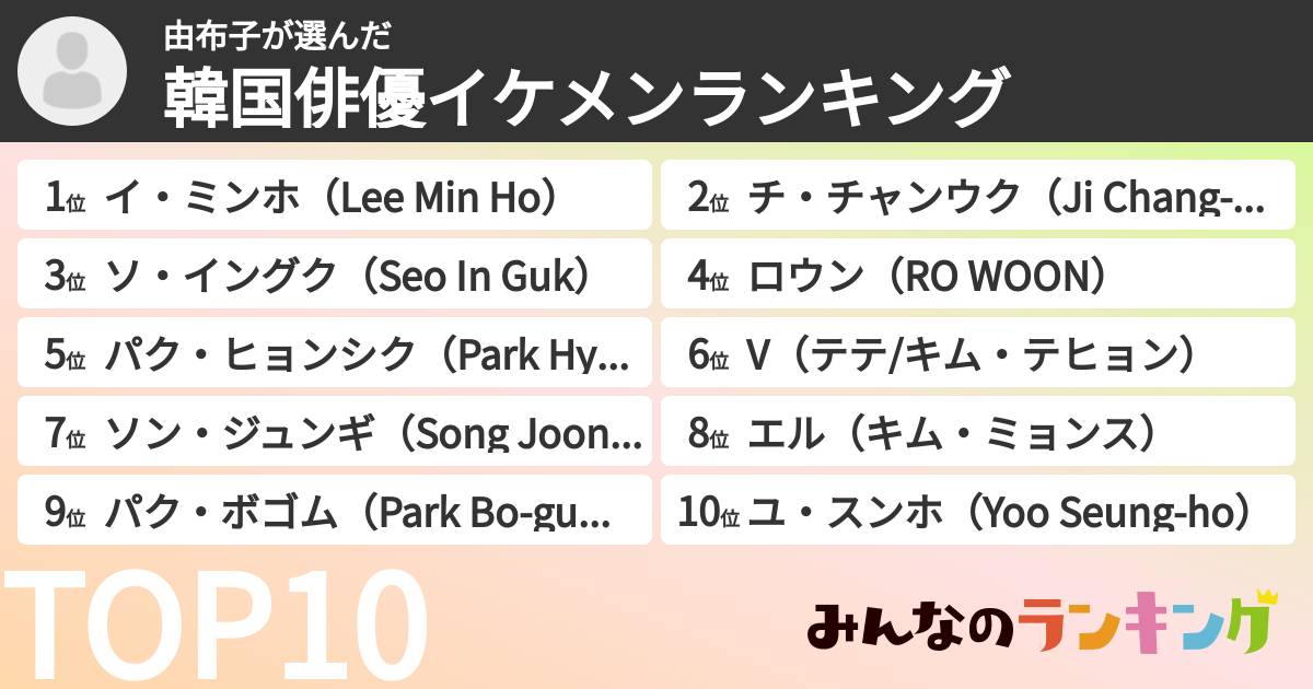 由布子さんの「韓国俳優イケメンランキング」