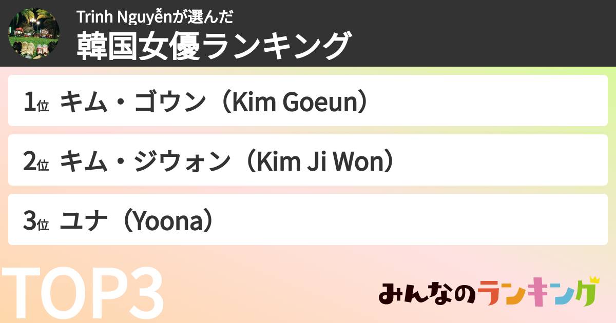Trinh Nguyễnさんの「韓国女優ランキング」