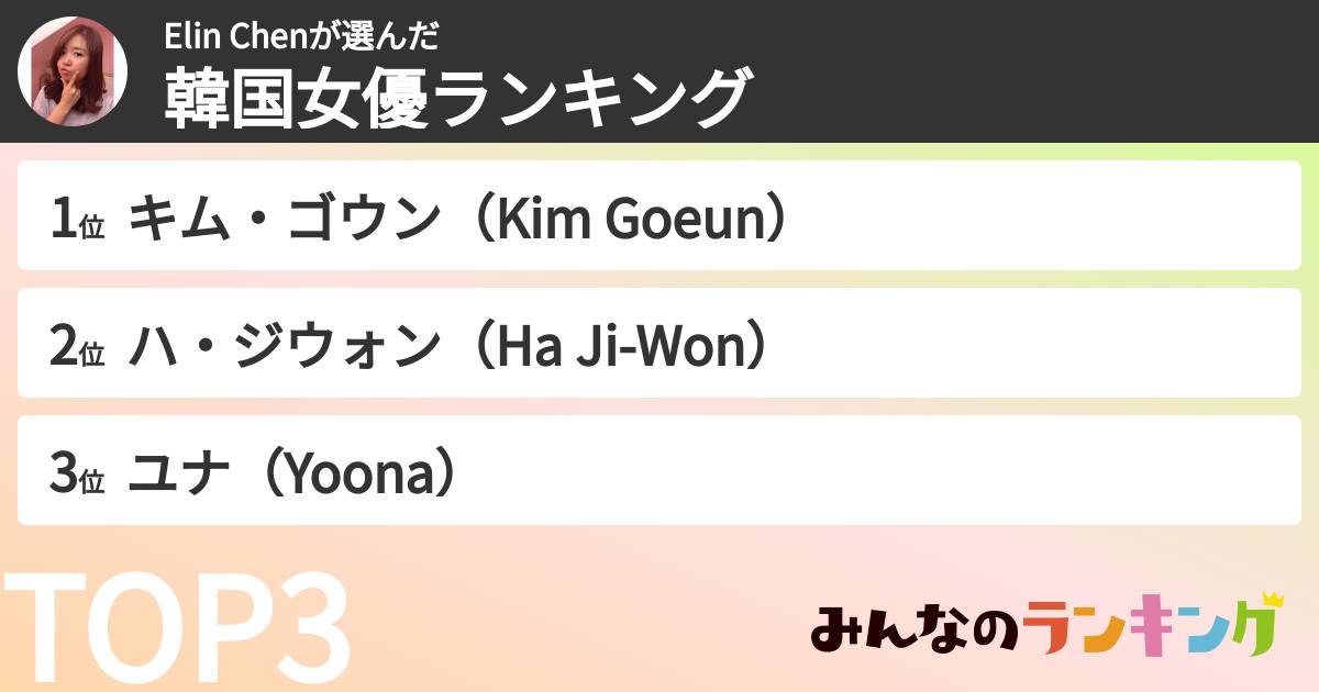 Elin  Chenさんの「韓国女優ランキング」