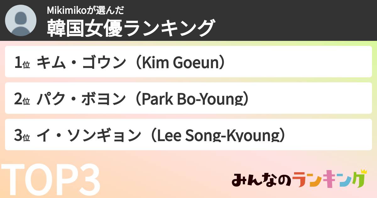 Mikimikoさんの「韓国女優ランキング」