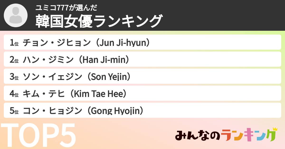 ユミコ777さんの「韓国女優ランキング」