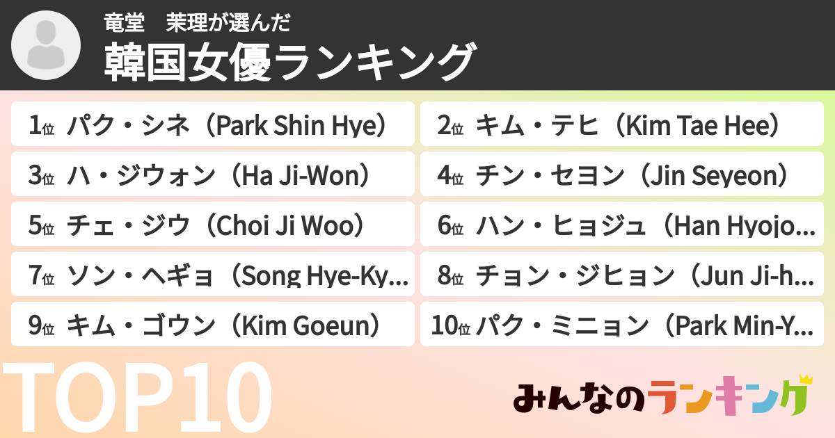 竜堂 茉理さんの「韓国女優ランキング」