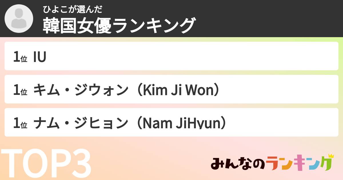 ひよこさんの「韓国女優ランキング」