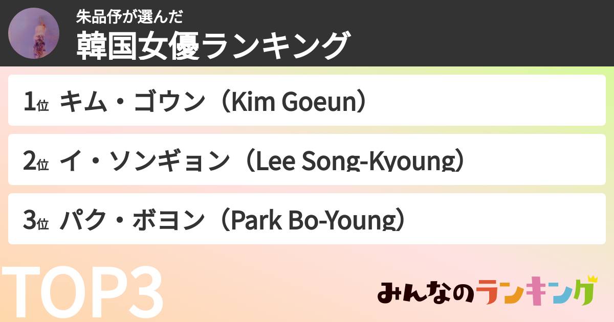 朱品伃さんの「韓国女優ランキング」