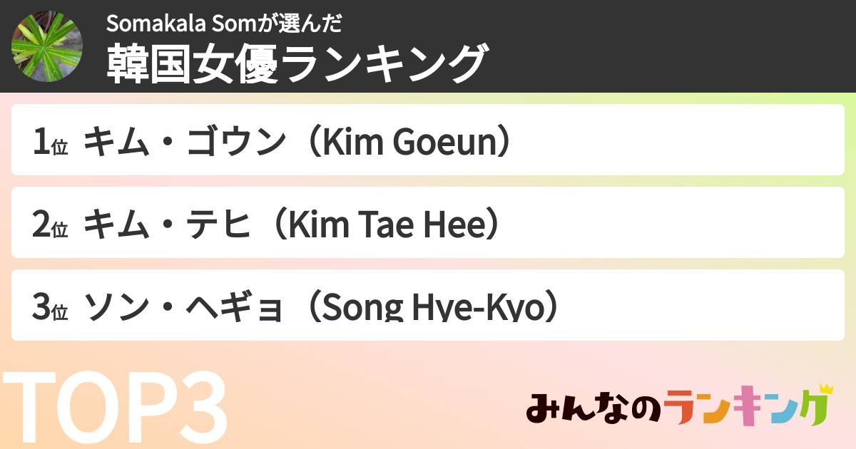 Somakala Somさんの「韓国女優ランキング」