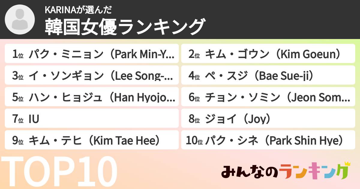 KARINAさんの「韓国女優ランキング」