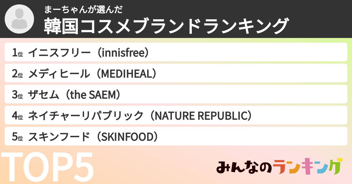 まーちゃんさんの「韓国コスメブランドランキング」