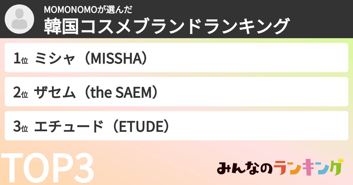 MOMONOMOさんの「韓国コスメブランドランキング」