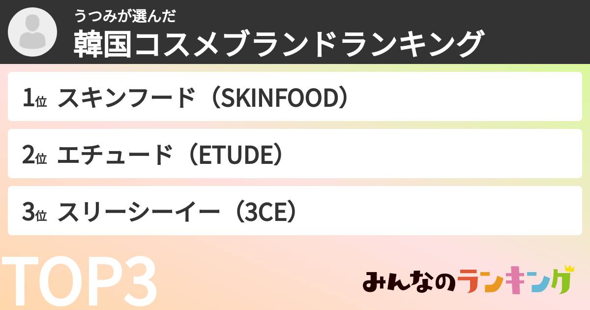 うつみさんの「韓国コスメブランドランキング」