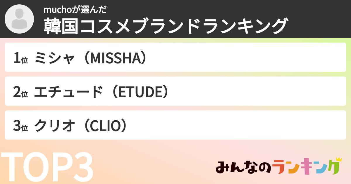 muchoさんの「韓国コスメブランドランキング」