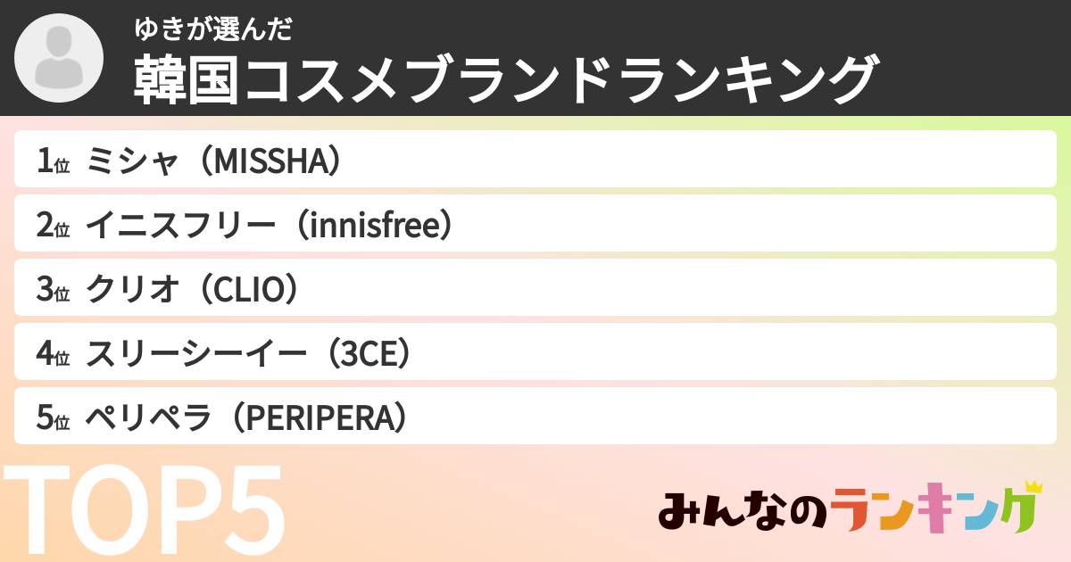 ゆきさんの「韓国コスメブランドランキング」