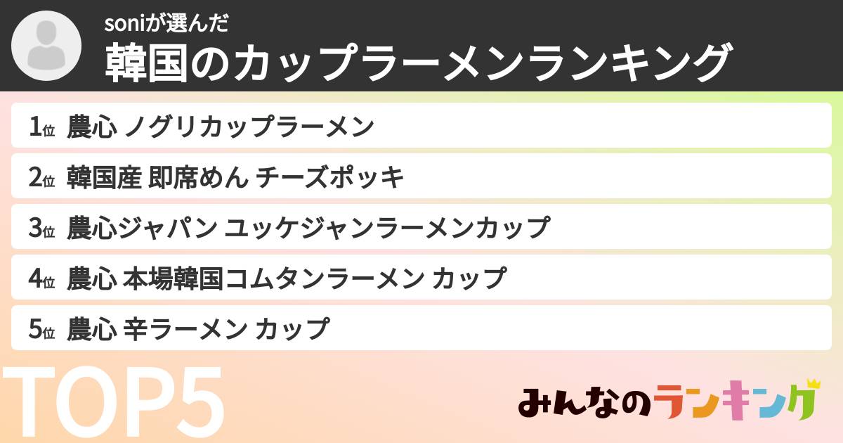 soniさんの「韓国のカップラーメンランキング」