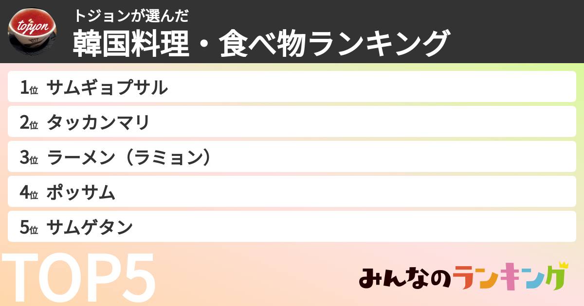 トジョンさんの「韓国料理・食べ物ランキング」