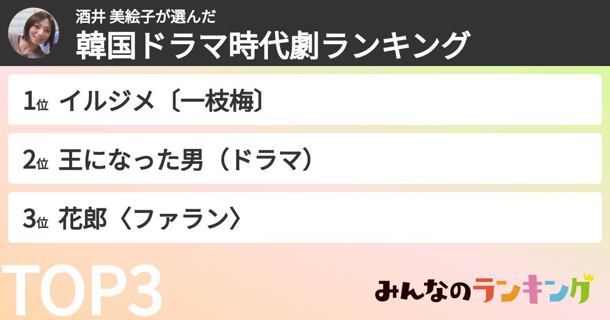 酒井 美絵子さんの「韓国ドラマ時代劇ランキング」