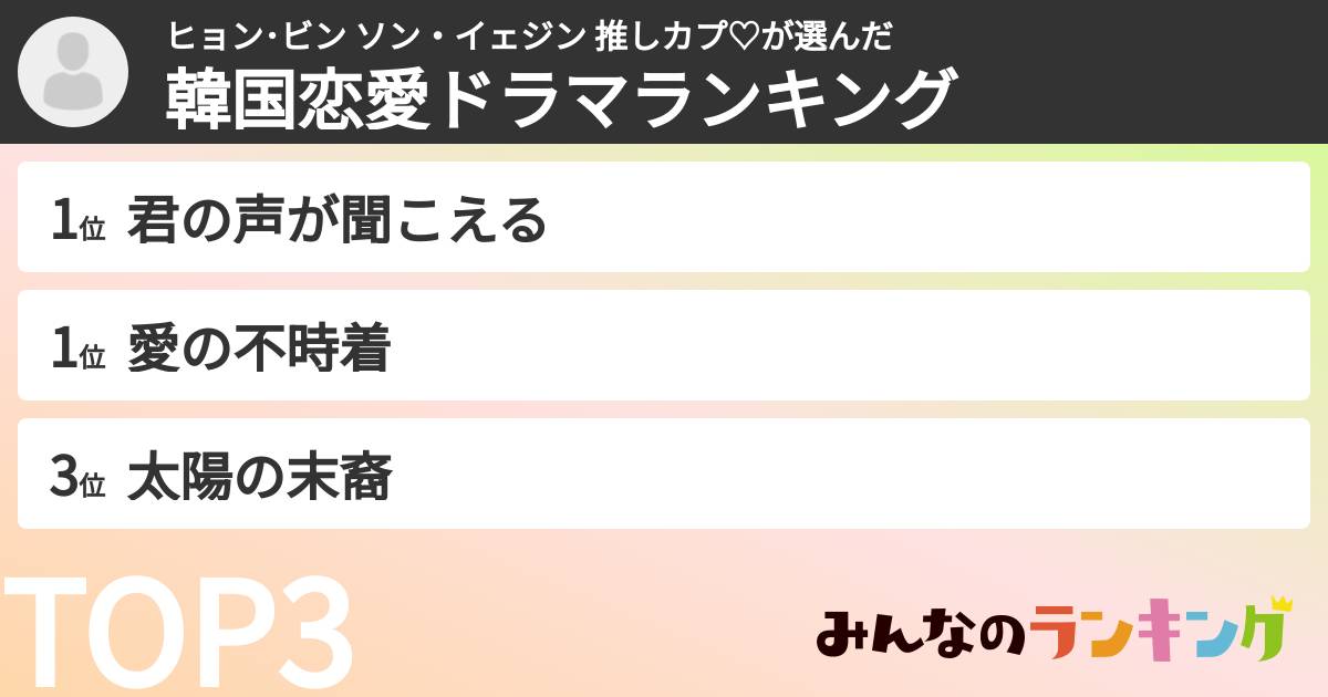 ヒョン・ビン ソン・イェジン 推しカプ♡さんの「韓国恋愛ドラマランキング」