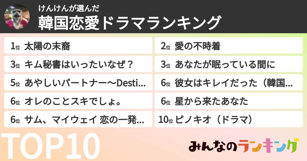 けんけんさんの「韓国恋愛ドラマランキング」