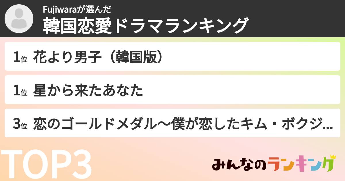Fujiwaraさんの「韓国恋愛ドラマランキング」