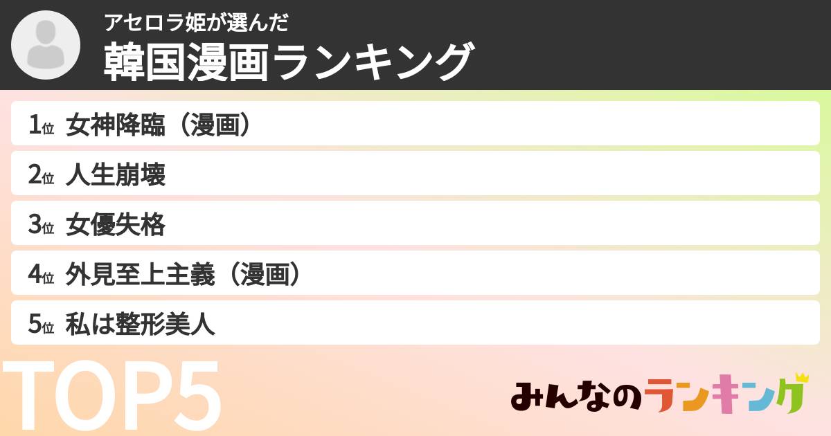 アセロラ姫さんの「韓国漫画ランキング」