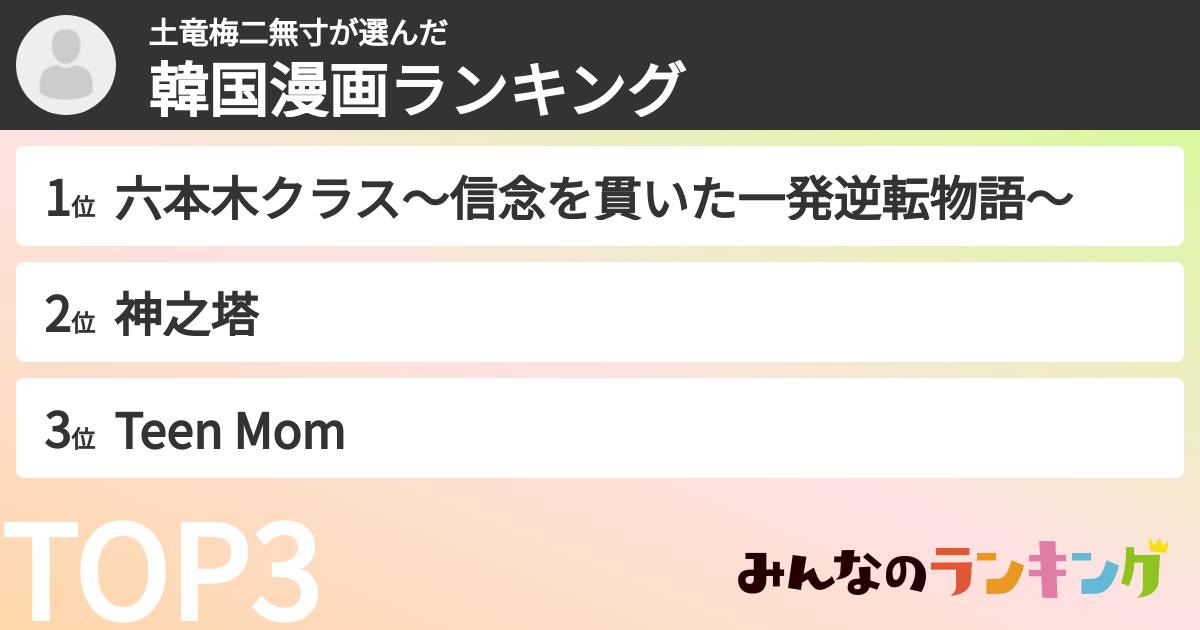 土竜梅二無寸さんの「韓国漫画ランキング」