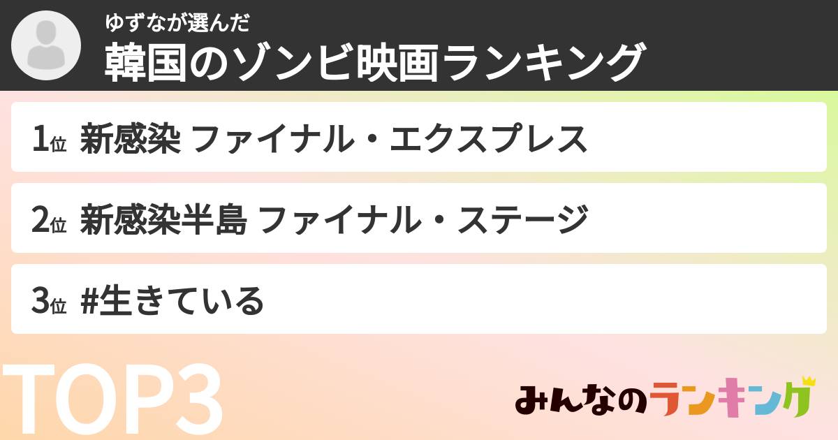 ゆずなさんの「韓国のゾンビ映画ランキング」