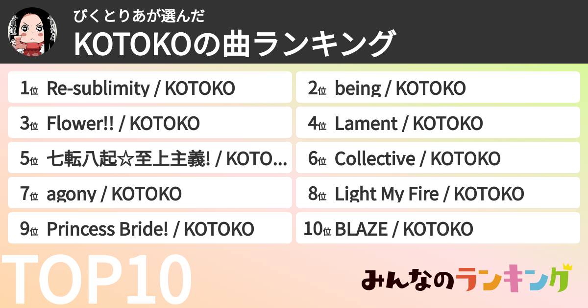 びくとりあさんの「KOTOKOの曲ランキング」