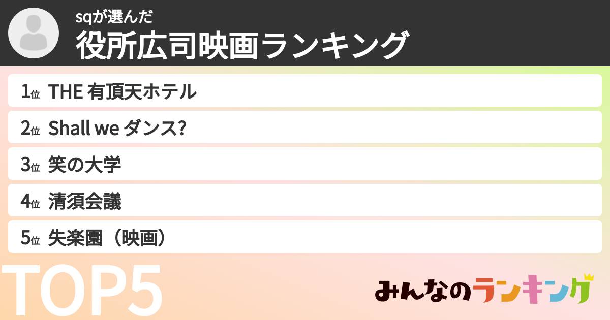 sqさんの「役所広司映画ランキング」