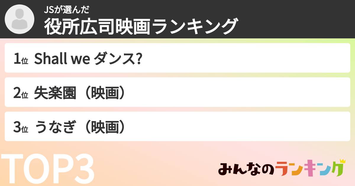 JSさんの「役所広司映画ランキング」