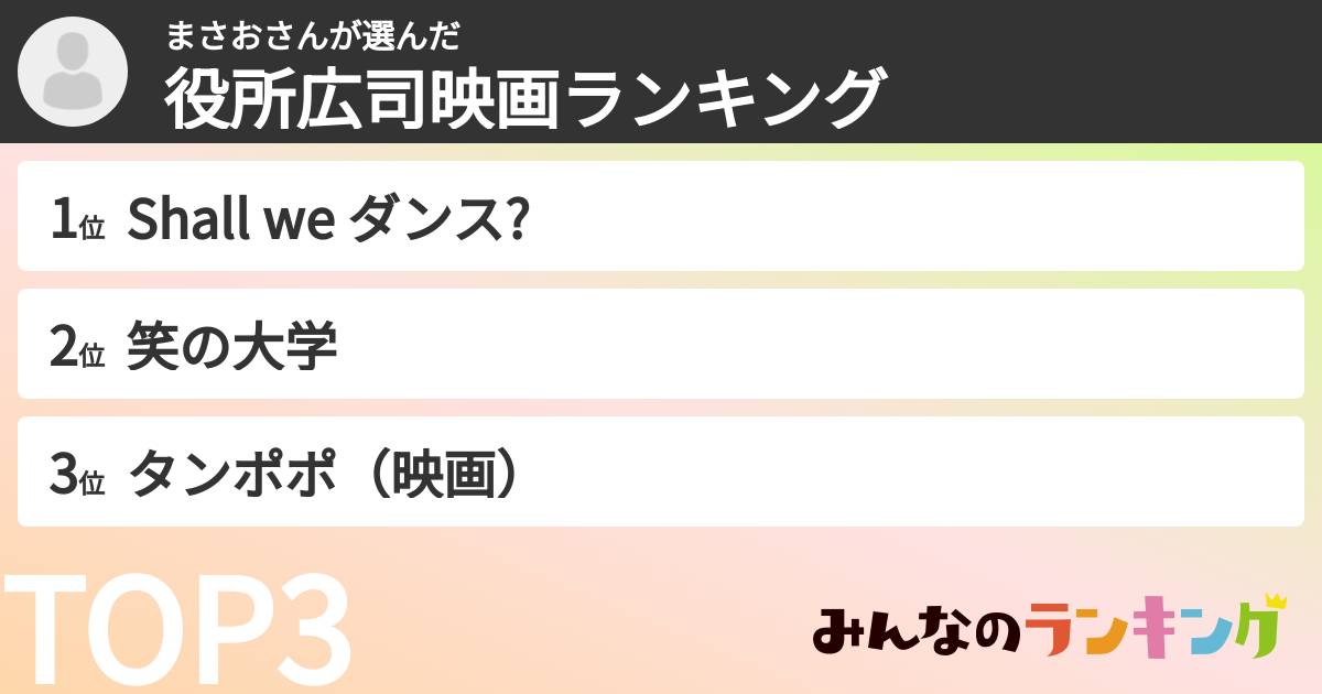 まさおさんさんの「役所広司映画ランキング」