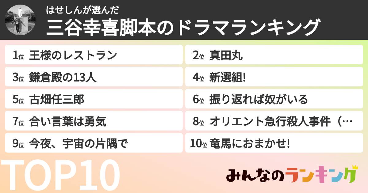 はせしんさんの「三谷幸喜脚本のドラマランキング」