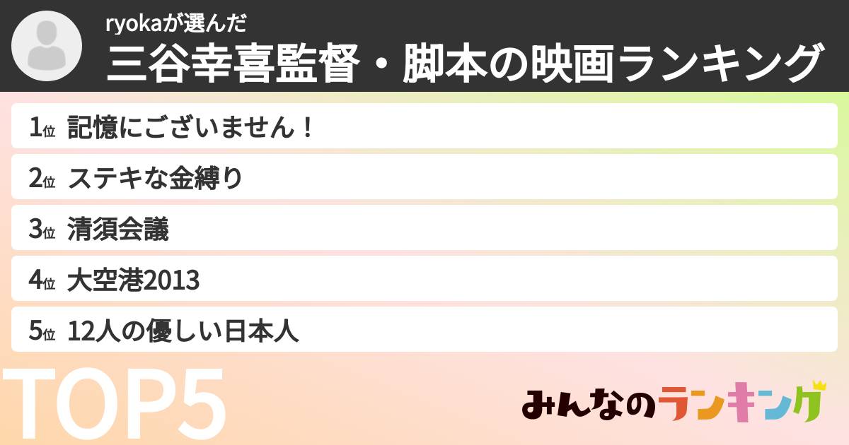 ryokaさんの「三谷幸喜監督・脚本の映画ランキング」