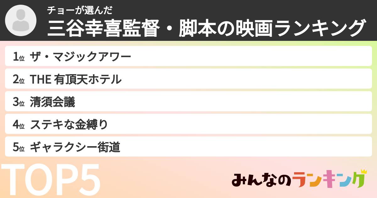 チョーさんの「三谷幸喜監督・脚本の映画ランキング」