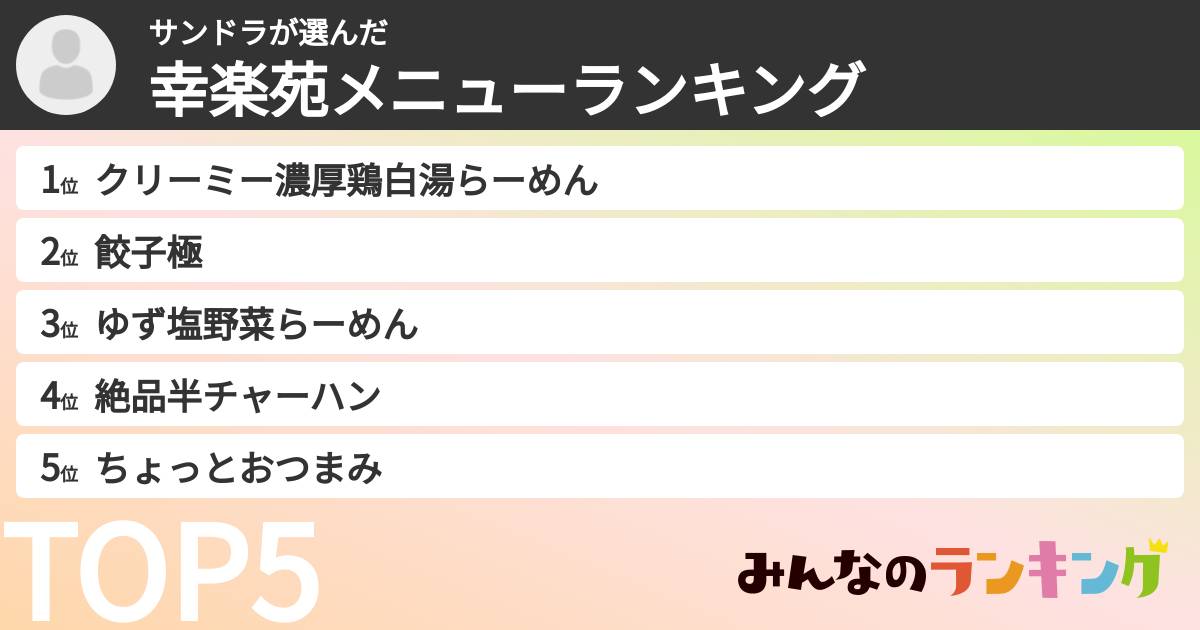 サンドラさんの「幸楽苑メニューランキング」