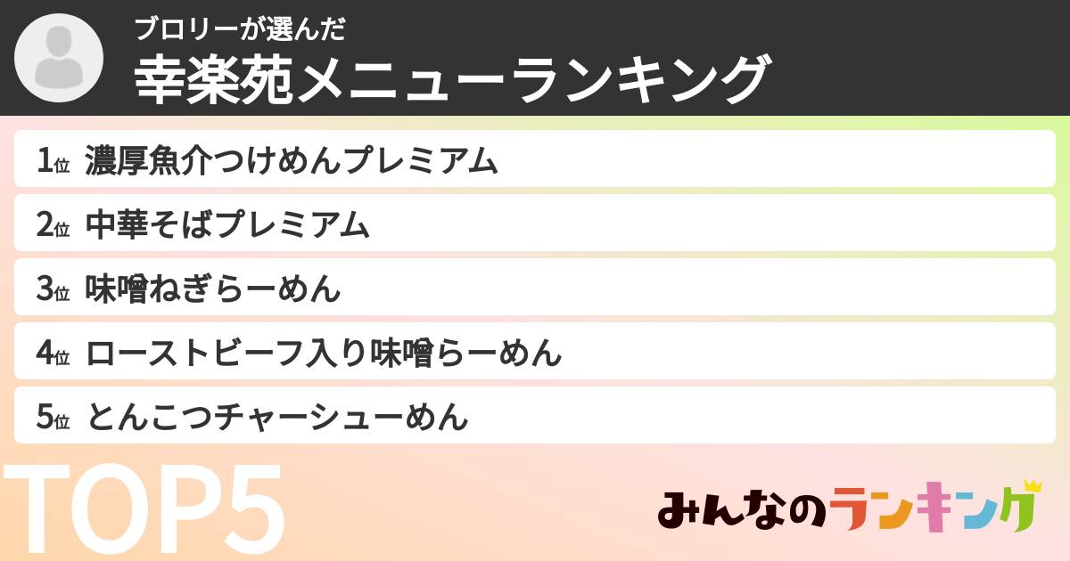ブロリーさんの「幸楽苑メニューランキング」