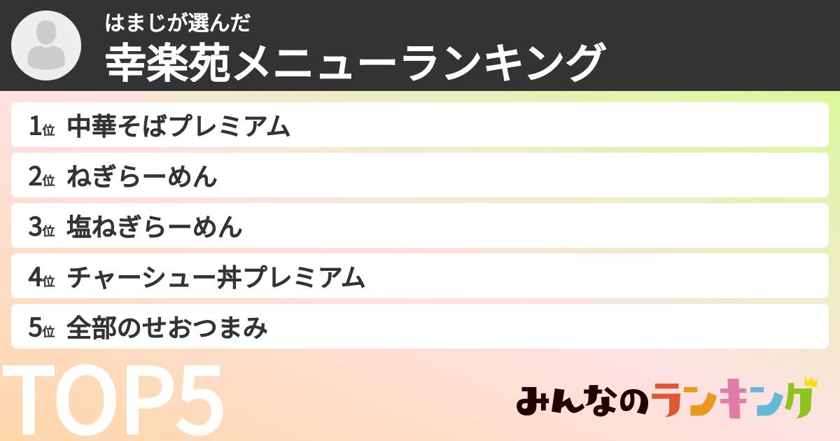 はまじさんの「幸楽苑メニューランキング」