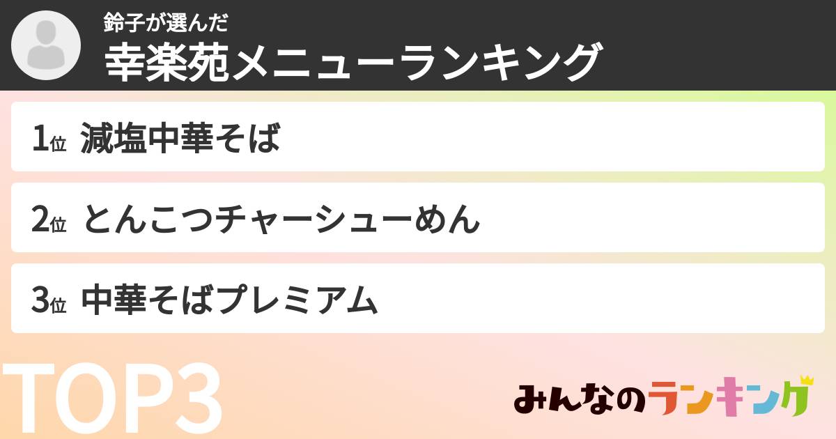 鈴子さんの「幸楽苑メニューランキング」