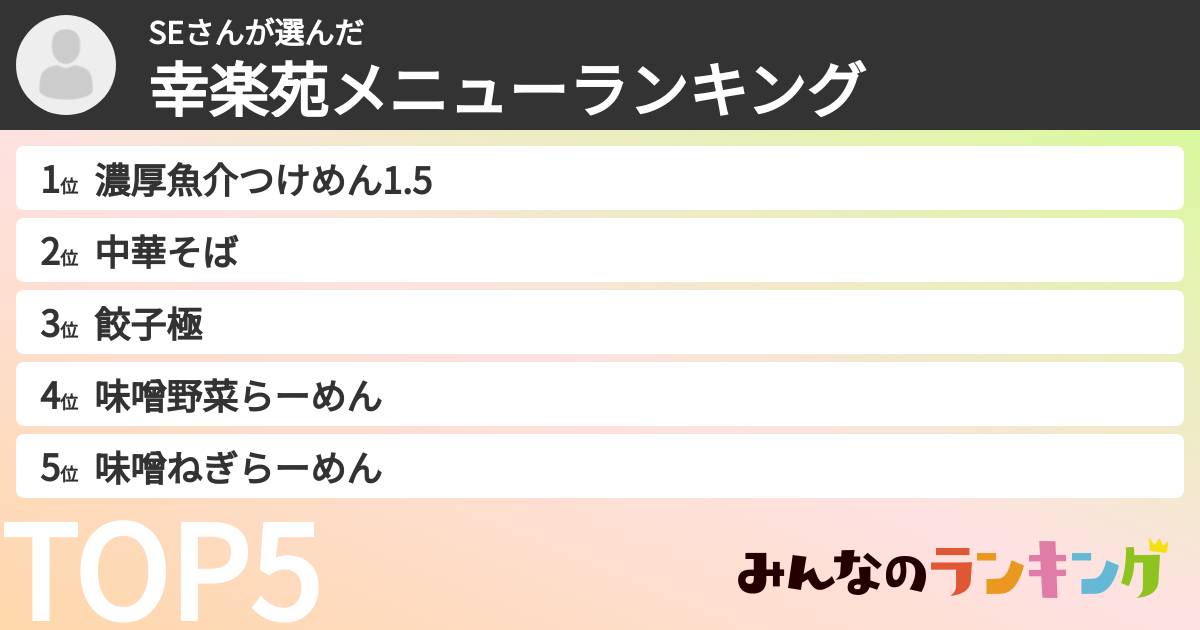SEさんさんの「幸楽苑メニューランキング」