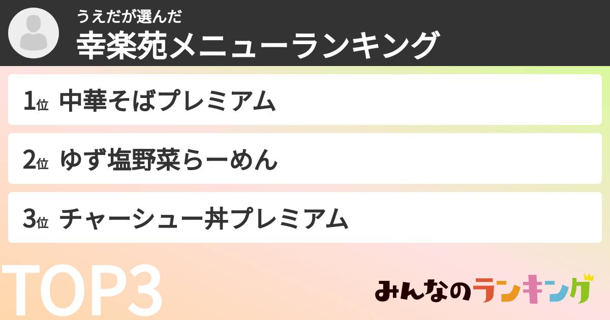 うえださんの「幸楽苑メニューランキング」