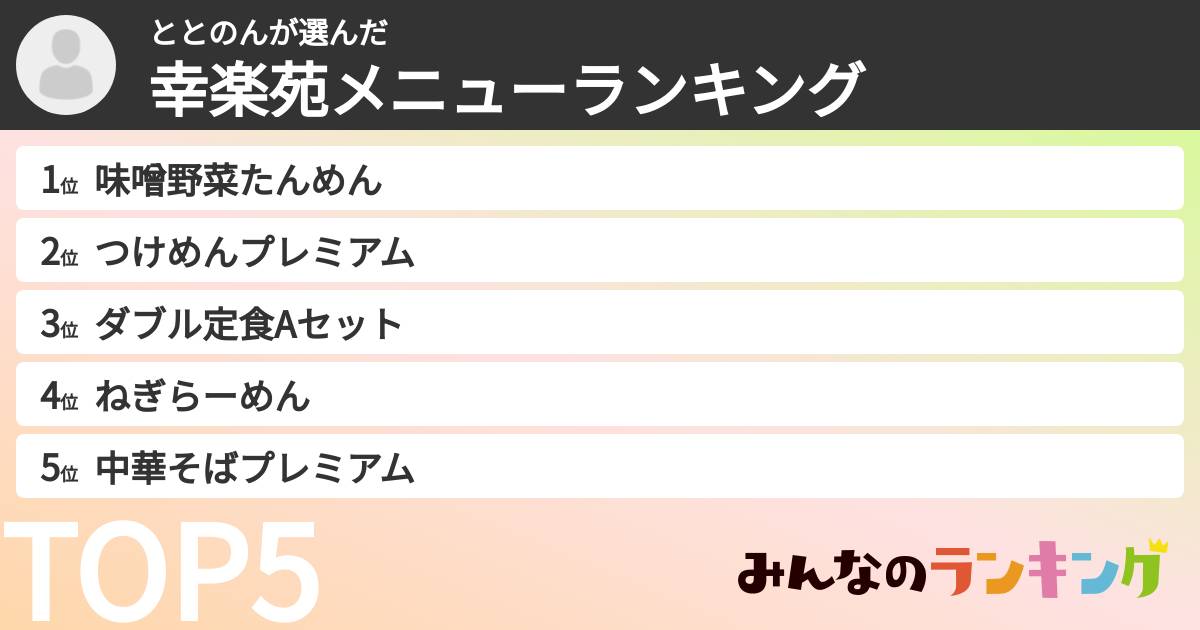 ととのんさんの「幸楽苑メニューランキング」