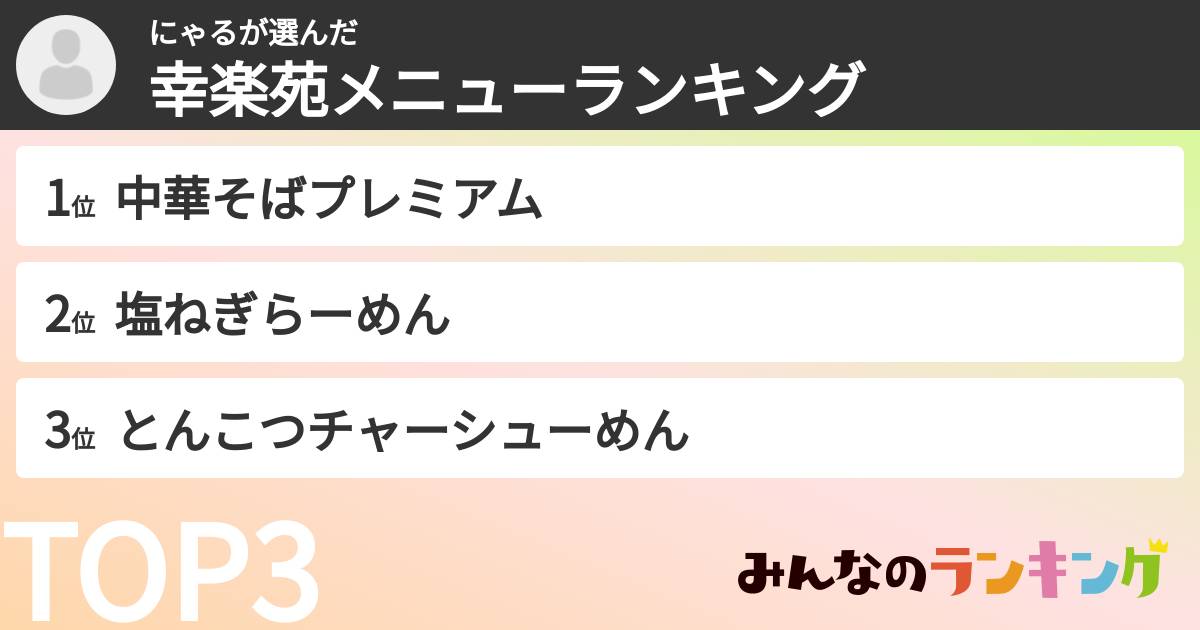 にゃるさんの「幸楽苑メニューランキング」