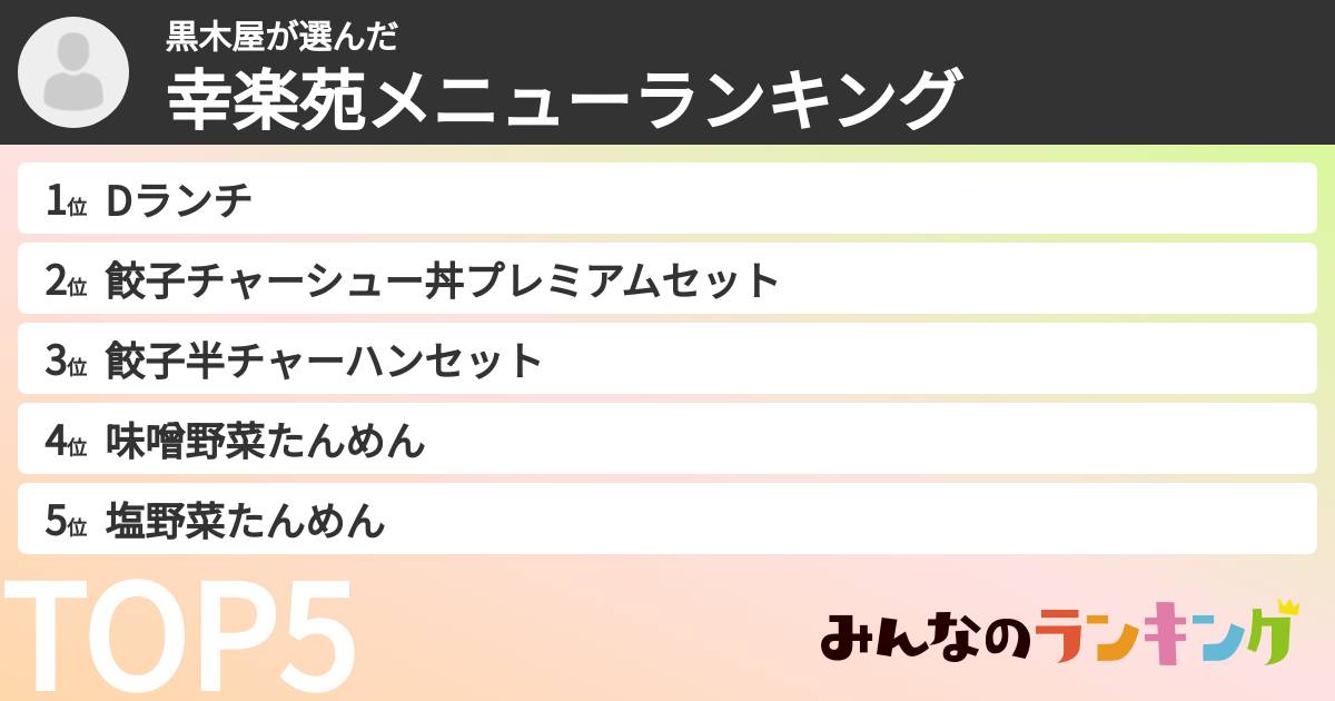 黒木屋さんの「幸楽苑メニューランキング」