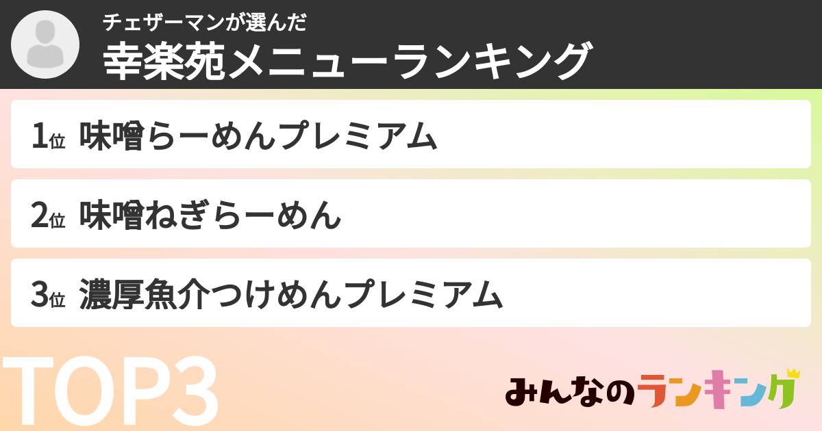 チェザーマンさんの「幸楽苑メニューランキング」