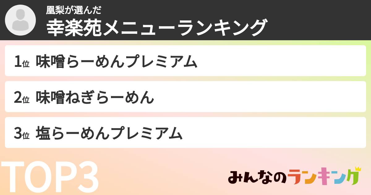 凰梨さんの「幸楽苑メニューランキング」
