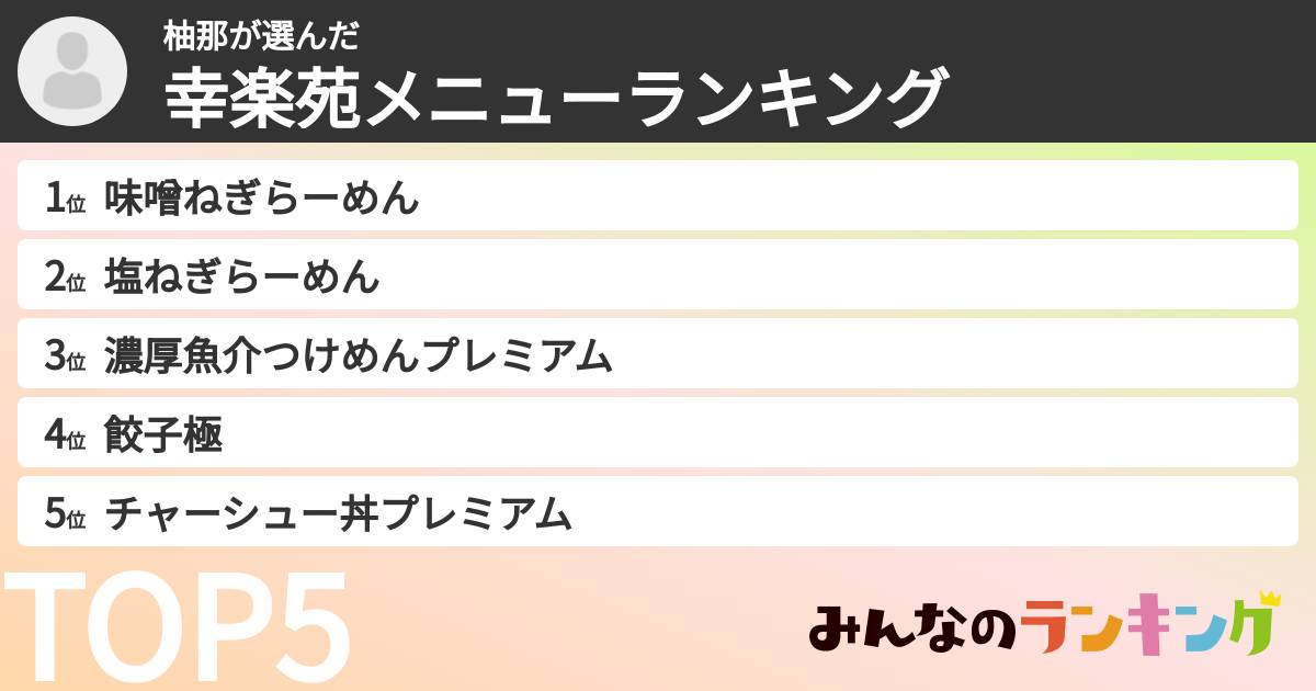 柚那さんの「幸楽苑メニューランキング」
