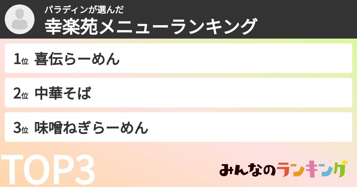 パラディンさんの「幸楽苑メニューランキング」